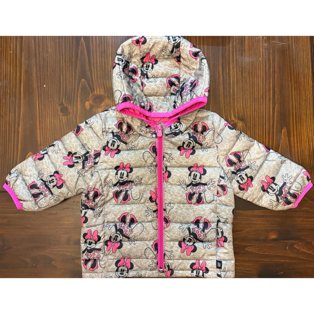 Girls Baby GAP Disney Minnie Mouse Puffer Coat Size 12-18M Grey and Pink Hood